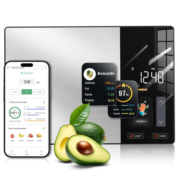 Cantar de Bucatarie Smart Vala Tech ®️, Display TFT Color, 50 Alimente Preincarcate, Analiza Nutritionala 23 Nutrienti, Bluetooth, Aplicatie Mobila, Monitorizare Calorii, Capacitate 5Kg, Precizie 2g, Fitness, Calorii
