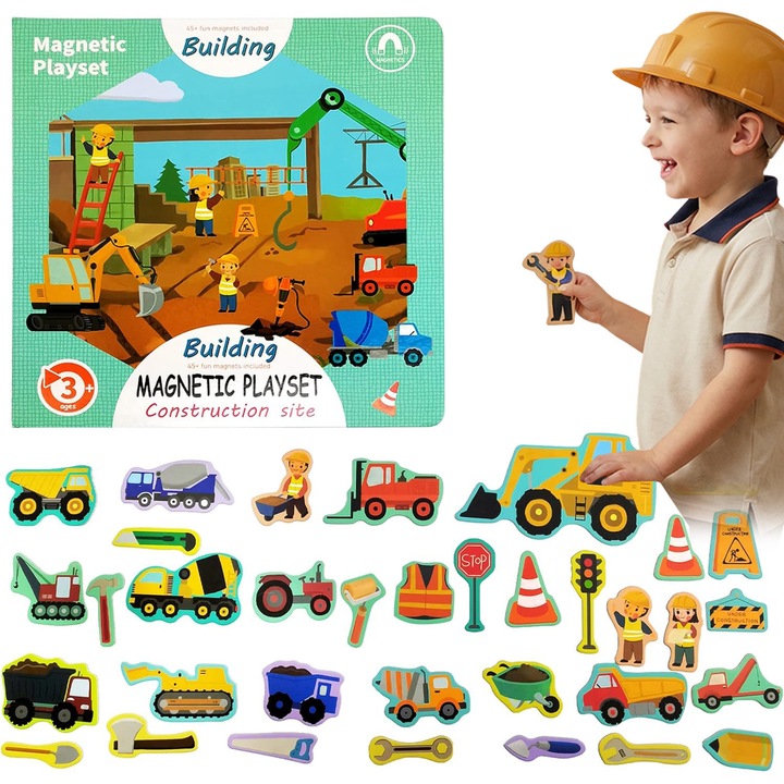 jocuri educative, Excitat®, Serie de Santier de constructii, Carte cu autocolante magnetice, 50 piese, Excavator / Buldozer, +3