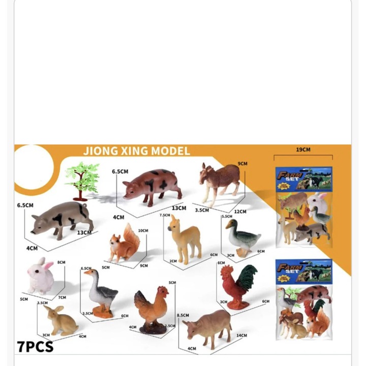 Set figurine animale de fermă pentru copii, 7 piese, dimensiuni variate, plastic, multicolor