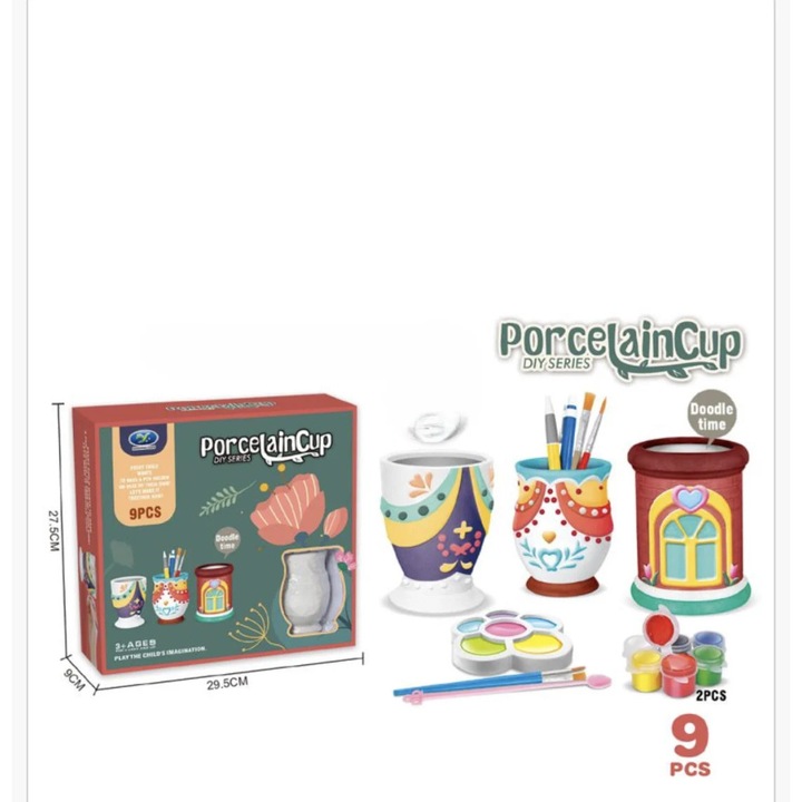Set creativ pentru copii, cupe decorative din portelan, 9 piese, vopselele multicolore, 29, 5x27, 5x9cm