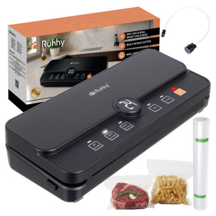 Aparat de vidat Ruhhy, 110W, nivel vid -80 kPa, suport rola, cutter integrat, negru, 30cm