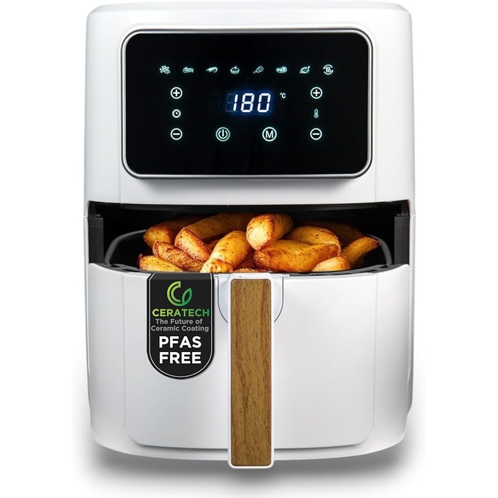 Friteuză cu aer cald Bergner Naturally, 6.9L, 1800W, invelis ceramic PFAS-free, alb