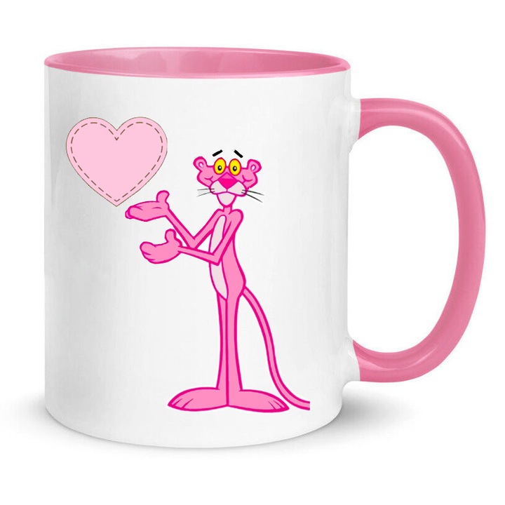 Cana ceramica Pink Panther, editie alba si roz, 330ml, design No3, pentru bauturi calde si reci