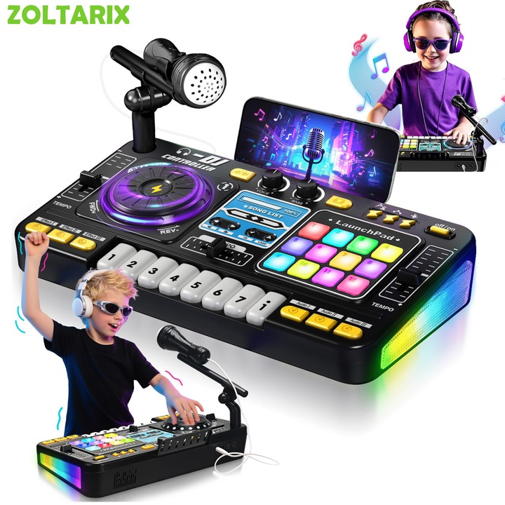 Mixer DJ copii, jucarii muzicale, ZOLTARIX, Platan DJ, mod Joc, control al luminii si vitezei, microfon, Bluetooth, 3 -12 ani, Cadou Ziua Copilului, Negru
