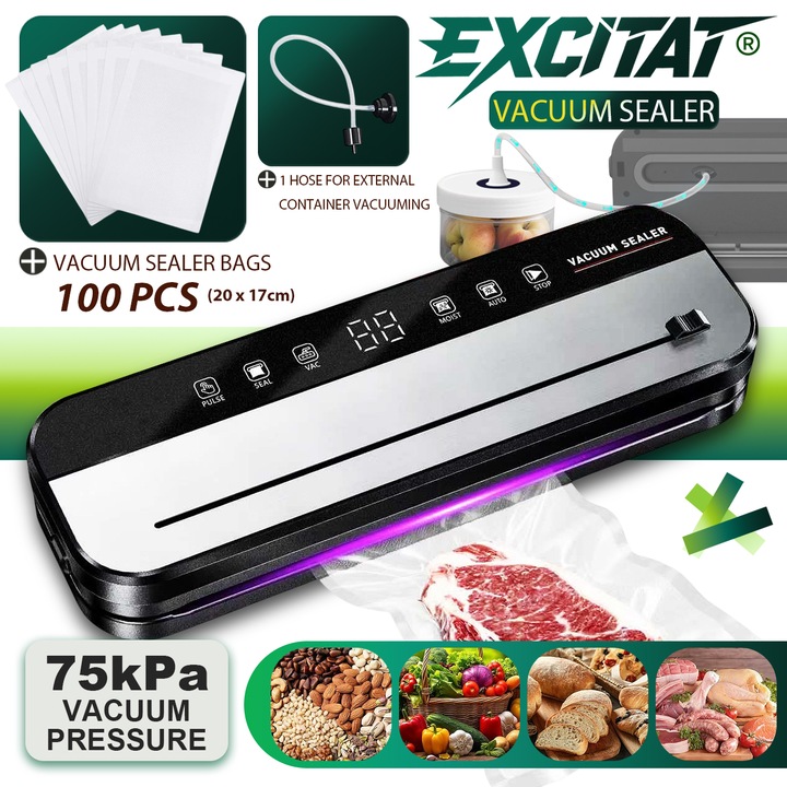 Aparat de Vidat si Sigilat Alimente, Excitat®, 120W, 75kpa, 6-In-1, Functii Uscat/Umed/Vid Moale, cu 100 Pungi 17x20cm, 30 cm bara de lipire, Cutter Incorporat, Sterilizare UV, Panou Control Tactil, Gri