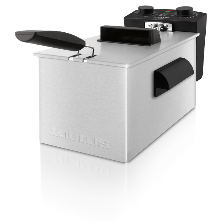 Електрически фритюрник, TIRAVIS® TAURUS, Фритюрник Fry Time 3 с мощност 2100W, капацитет 3 L, 30-минутен таймер, регулируем термостат за контролирано готвене, изцяло разглобяема конструкция от неръждаема стомана, практичен дизайн за кухня, черен/инокс