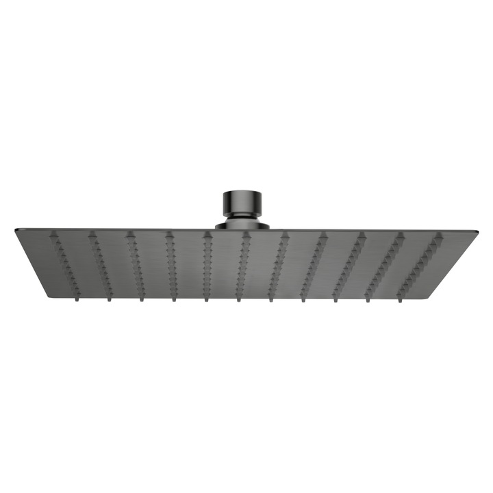 Cap de dus fix patrat, Belneo, Cascade Model 2, 25x25 cm, Gun Metal, Otel inoxidabil AISI 304, Finisaj robust, Jet uniform si relaxant, Design industrial modern, Calitate superioara, Alb