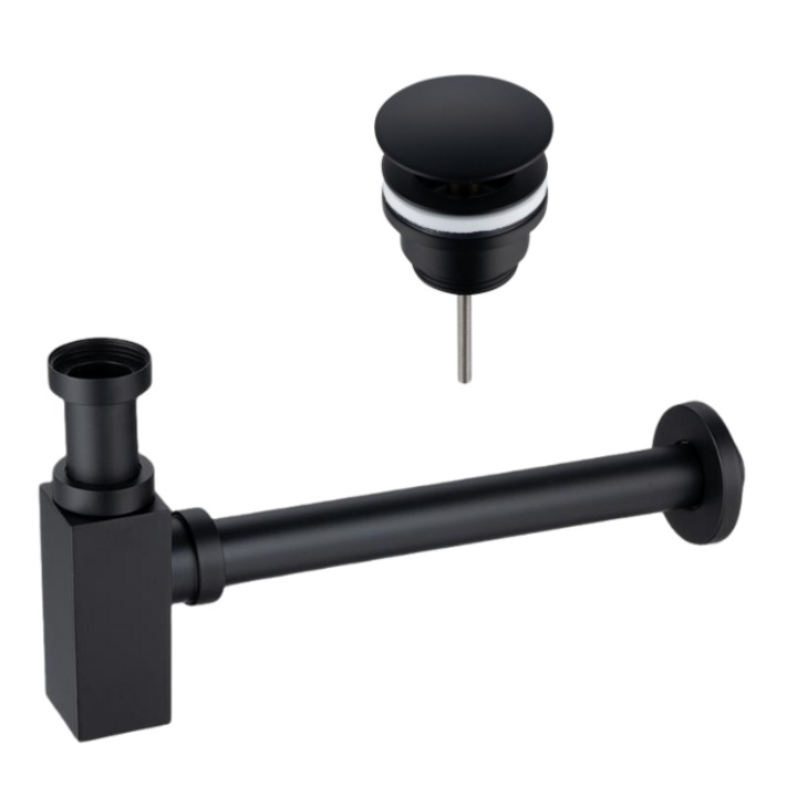 Set sifon lavoar patrat si ventil Klik-Klak D, Balneo, Negru mat, Universal, Alama robusta, Constructie anti-blocare, Design modern, Rezistent rugina, Curatare facila, Stil scandinav, Robust