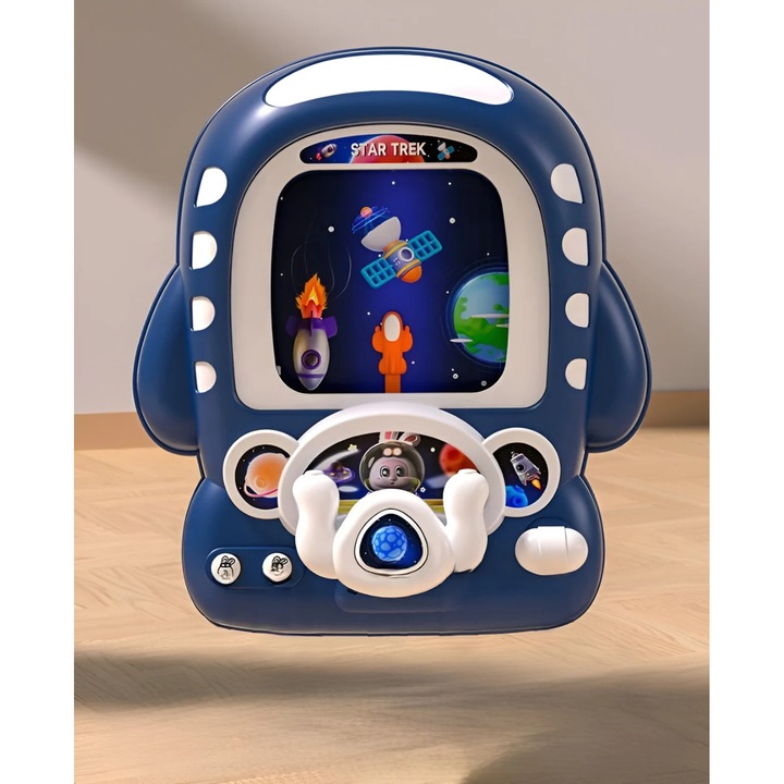 Joc electronic de curse pentru copii – Consola interactiva cu volan, ecran animat si obstacole, pentru copii 3+ ani, albastru