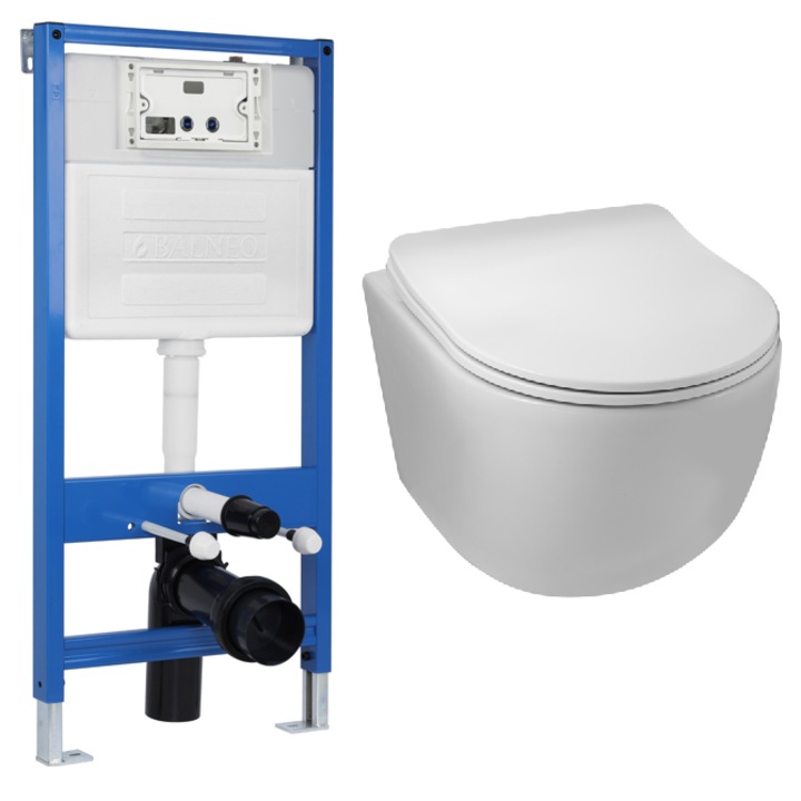 Set WC incastrat, Belneo, Fix-Frame SLIM NEXT, Vas LUNA Rimless, Adancime redusa, Modul tablete odorizante, Capac Soft-close, Solutie bai mici, Stil minimalist, Alb lucios