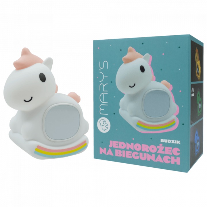 Нощна лампа с будилник, MARY'S, еднорог, бял, 124x82x140mm