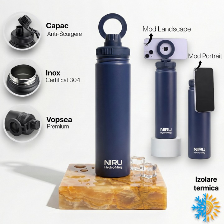 Sticla de apa portabila Niru HydroMag™ 750ML - din Inox Premium, cu suport magnetic MagSafe pentru telefon, Mentine Temperatura 24h cu Izolare Termica Vacuum, Anti-scurgere, BPA Free, pentru Fitness si Vlog, sport, sala, birou, cupholder, Albastru