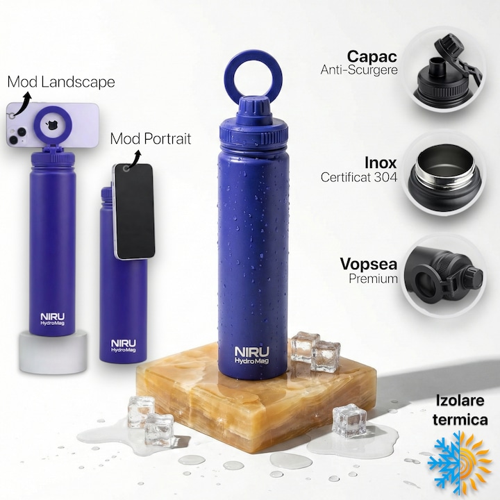 Sticla de apa portabila Niru HydroMag™ 750ML - din Inox Premium, cu suport magnetic MagSafe pentru telefon, Mentine Temperatura 24h cu Izolare Termica Vacuum, Anti-scurgere, BPA Free, pentru Fitness si Vlog, sport, sala, birou, cupholder, Albastru Royal