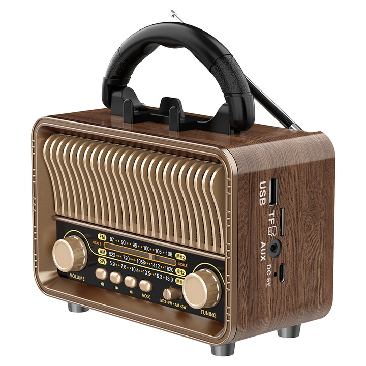 Rádió Retro Hordozható, BOMSTOM, Támogatja a Bluetooth/USB/TF/AUX bemenetet, akkumulátoros/USB töltés, 1200mAh, Barna