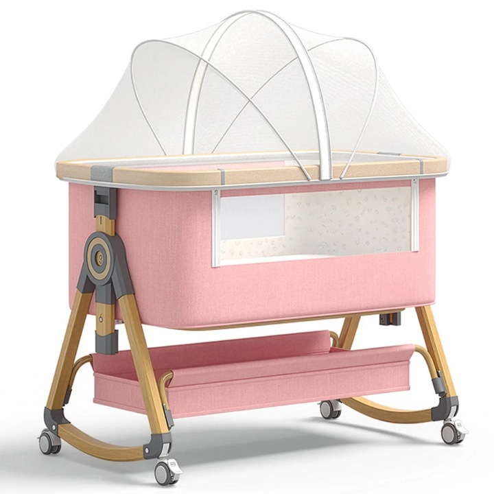 Сгъваема бебешка кошара Elindor® 4 в 1, за деца 0-12 месеца, бебешка люлка на 2 нива, кош за съхранение, 6 регулируеми нива на височина, преносима, странична мрежа, колела със заключваща система, вграден матрак, максимално тегло 10 кг, розова