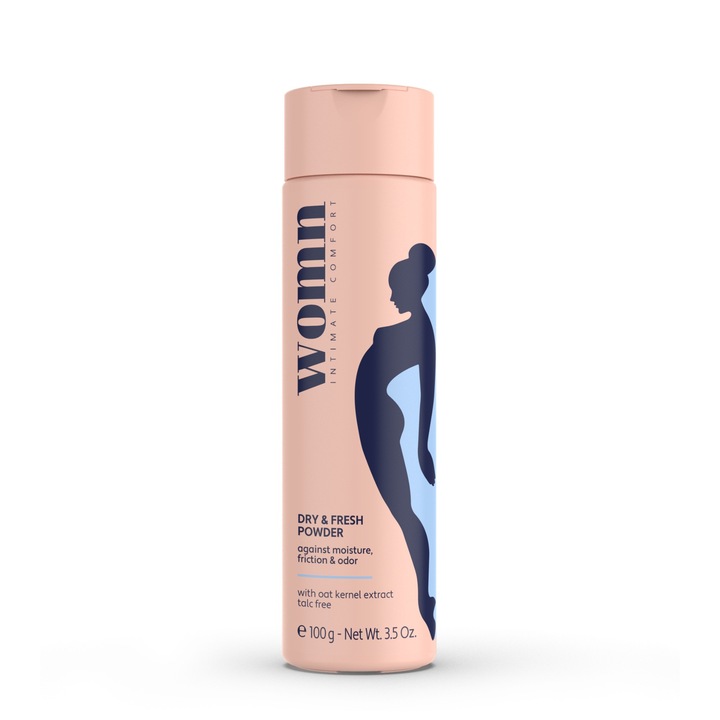 Pudră intimă WOMN DRY & FRESH 100g, absorbantă, fără talc, pentru femei, confort și prospețime