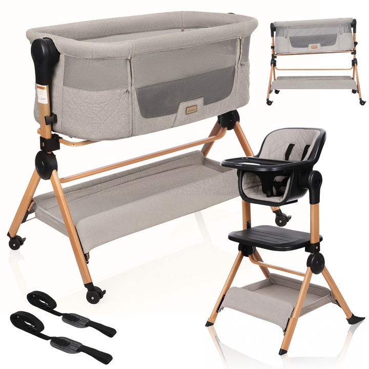 Primabobo Vera 3 in 1 Patut Alaturat si Independent pentru Bebelusi cu Reglare pe Inaltime, Functie Scaun de Hranire, Roti cu Blocare