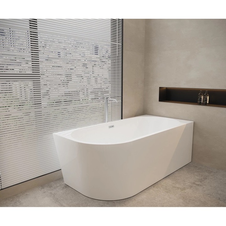 Cada Freestanding MOBATELIER® Lora, Cada Acrilica Tip Insula Colt Perete Dreapta, Design Semioval Modern, Acril Premium Multistrat, Finisaj Lucios, Pereti Grosi pentru Mentinerea Calduri, Scurgere Centrala cu Preaplin, Montaj la Perete, 150x75x58 cm, Alb