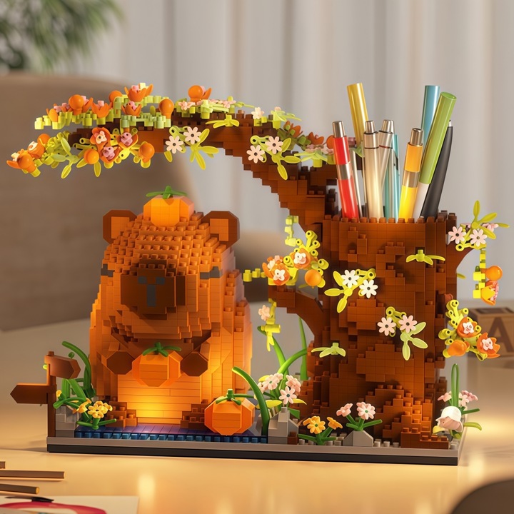 Set de microblocuri de constructie, York®, Organizator Capibara 3D cu 1880 Piese Multifunctional, Cu lumina, Cadou creativ si decor tematic, 6 ani+, ABS, Maro