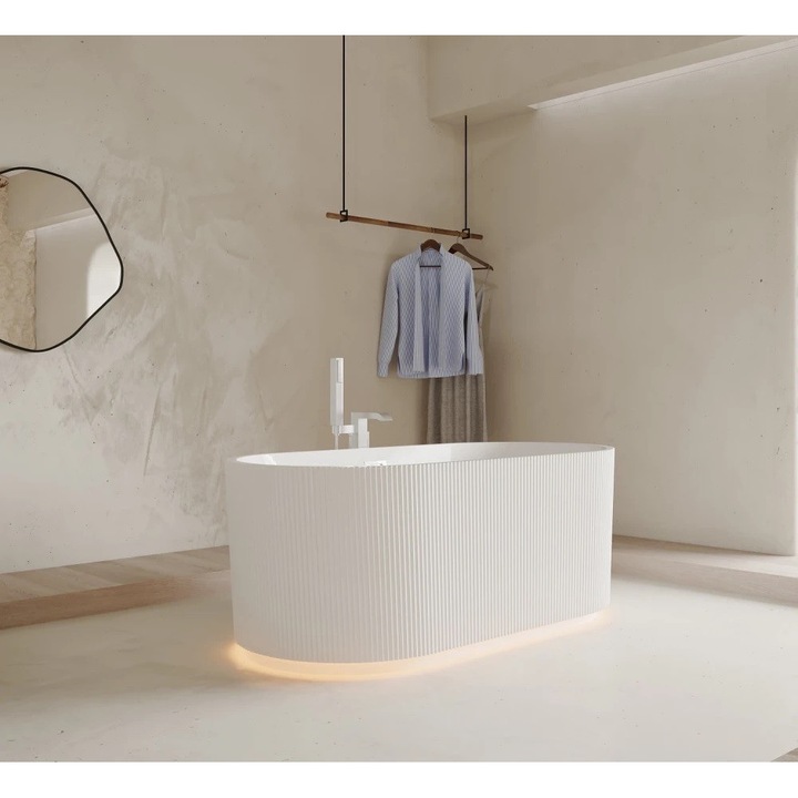 Cada Freestanding MOBATELIER® Calliope LED, Cada Acrilica cu Iluminare LED Integrata, Design Oval Modern, Acril Premium Multistrat, Scurgere Centrala cu Preaplin, Montaj La Perete Sau Mijloc, 150x75x59 cm, Alb Lucios