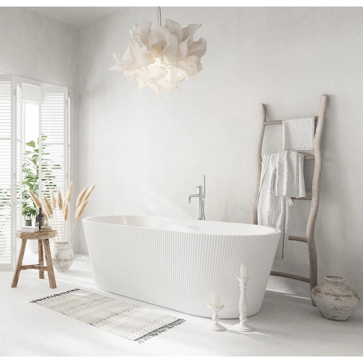 Cada Freestanding MOBATELIER® Nora, Cada Acrilica Tip Insula pentru Baie Moderna, Design Oval Elegant cu Doua Capete, Acril Premium Multistrat 3.5 mm, Finisaj Lucios Rezistent, Scurgere Centrala cu Preaplin, Montaj La Perete Sau Mijloc, 150x75x59 cm, Alb