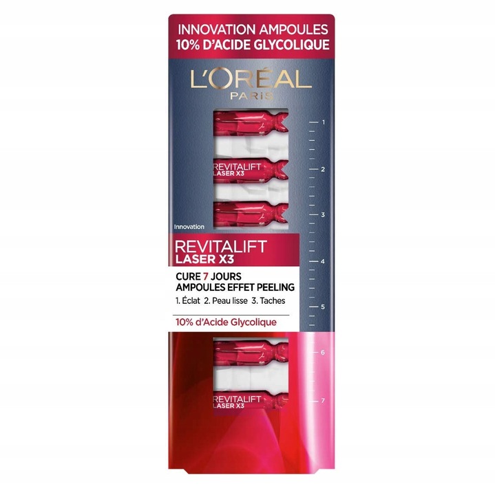 Комплект от 7 ампули L'Oreal Revitalift 10% гликолова киселина, грижа против стареене, 7 дни
