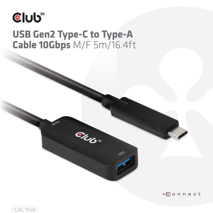 Club3D USB Gen2 Type-C към Type-A кабел 5м черен, 222469, Кабел