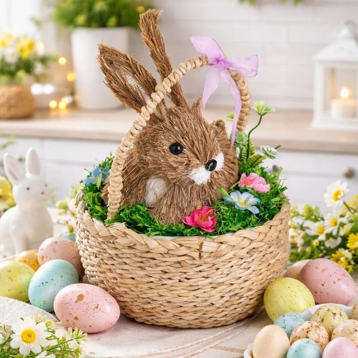 Cos Paste Happy Easter cu Maner Inclus decoratiune Iepure si Iarba Decorativa 19x28cm Figurina Decor