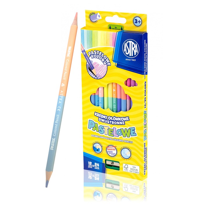 Пастелни цветни моливи Astra комплект 12 бр, 24 цвята, двойна конструкция, триъгълна форма