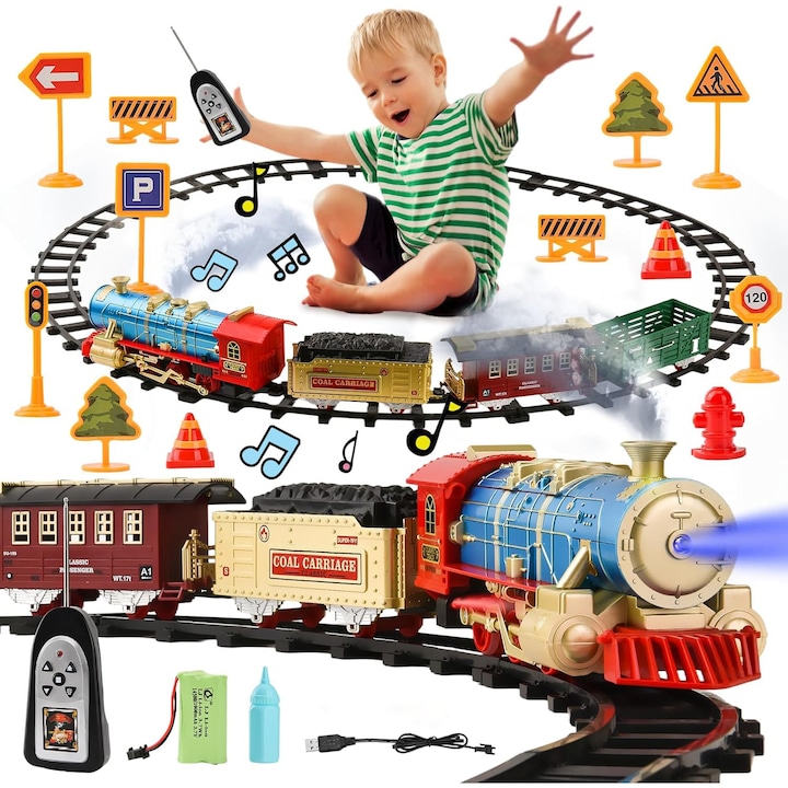 Circuit Trenulet Electric DIY "ISP LikeSmart Classical Train", Fum Realist, Telecomanda, Recipient Apa, Sunete, Lumini, 1 Locomotiva, 3 Vagoane, 3 posibilitati de asamblare, Rosu/Albastru