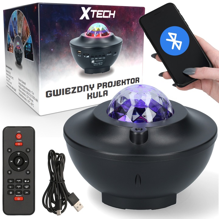 Proiector de stele cu difuzor Bluetooth si telecomanda, XTECH, efecte luminoase, alimentare USB, dimensiuni compacte