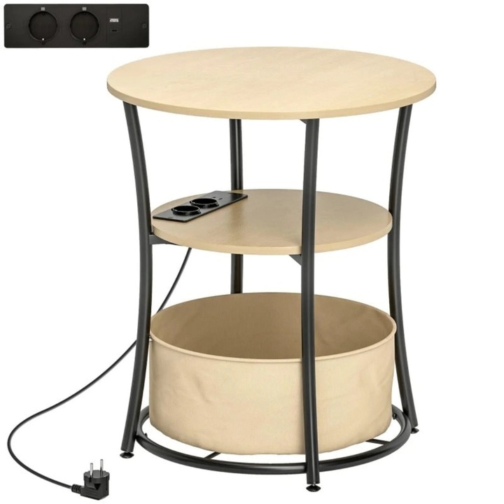 Keskeny éjjeli szekrény, 3 szintes, USB töltővel, fém vázzal