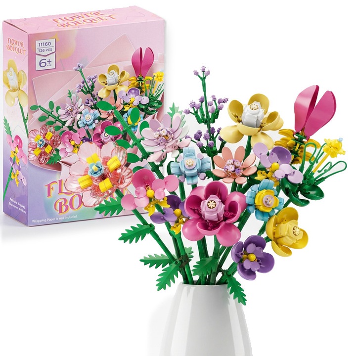 Set de constructie flori, Excitat®, 726Piese, Trandafir, orhidee, lalea, crin, ABS, Cadou pentru Ziua Indragostitilor, DIY, roz