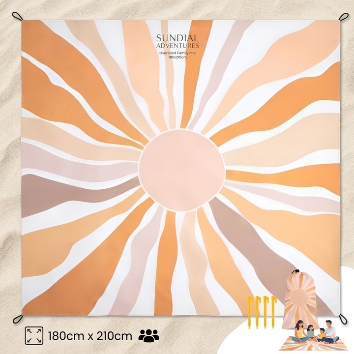 Patura de picnic sau covoras de plaja,180x210cm, impermeabila, usoara, cu husa si cuie de fixare, covoras outdoor, pentru camping Plaja si Activitati Outdoor, Modele de soare