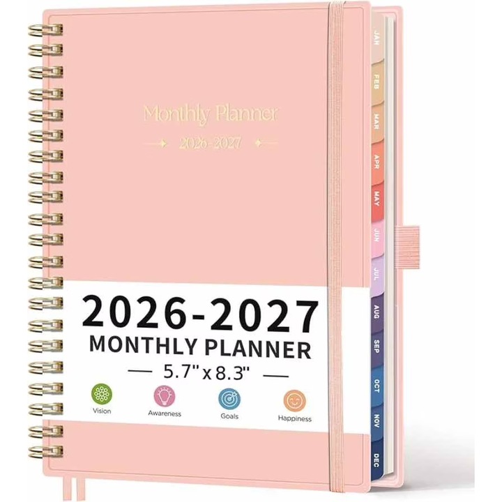 Agenda lunara 2026-2027, 24 de file, coperta flexibila din plastic, agenda lunara A5, roz