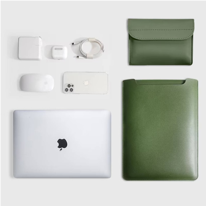 Többfunkciós laptoptok, 13-14 hüvelykes, ökológiai bőr, vízálló, zöld, 34.5x25.3cm, kiegészítő tasakkal együtt