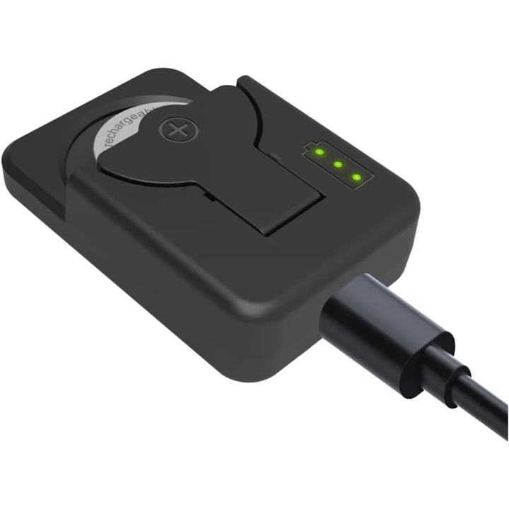 Зарядно устройство за батерии с бутон, Rqiurpn, За батерии LIR 1025/1220/1254/1620/1632/2016/2025/2032/2430/2450, Преносимо, Черно