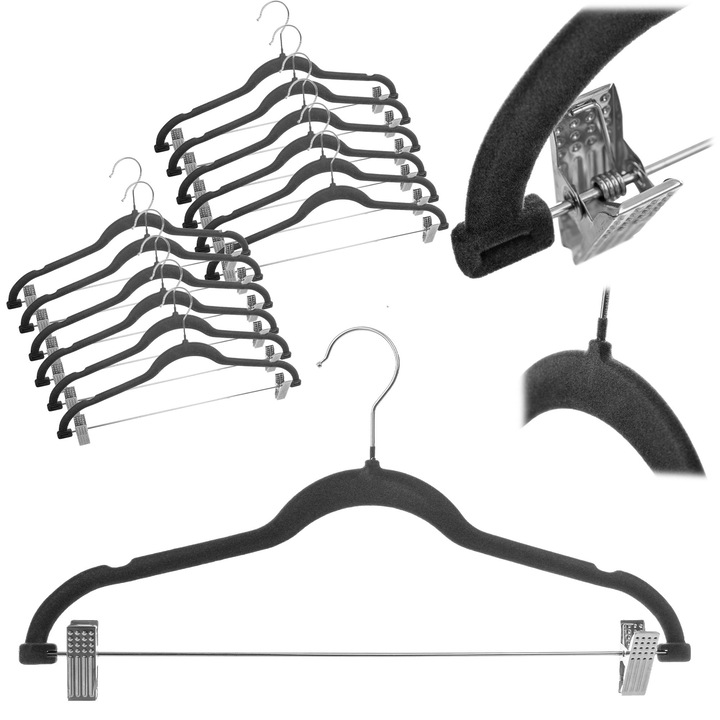 Umerase pentru haine KADAX, set 12 buc, gri inchis, cu agrafe, dimensiuni 42x20cm