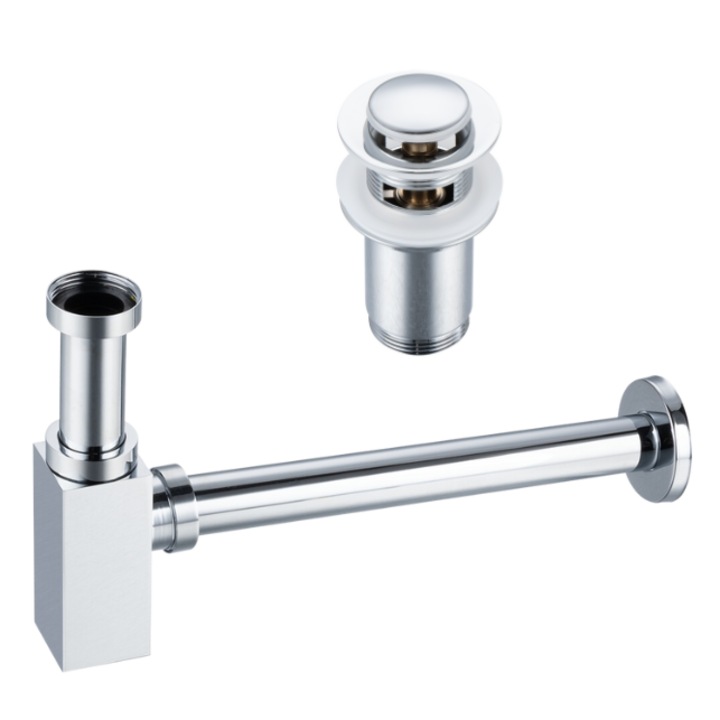 Set sifon lavoar patrat si ventil Klik-Klak E, Balneo, Crom, Cu preplin, Alama de inalta calitate, Protectie baie, Garnituri rezistente, Stil geometric modern, Curatare rapida, Montaj facil