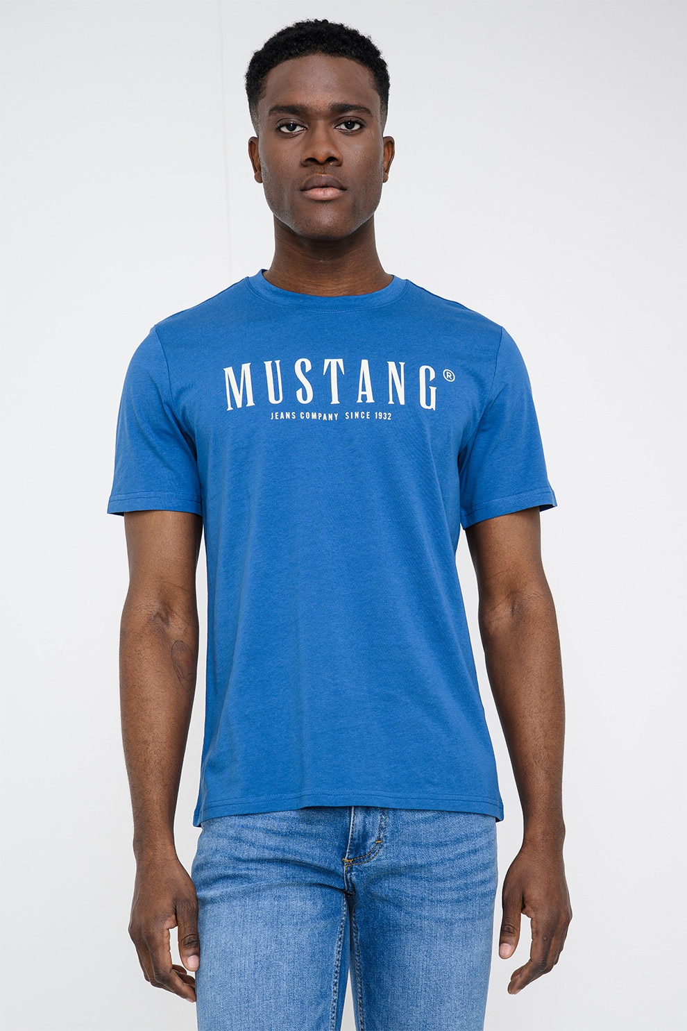 Mustang, Tricou cu logo Austin, Alb, Albastru safir, XL