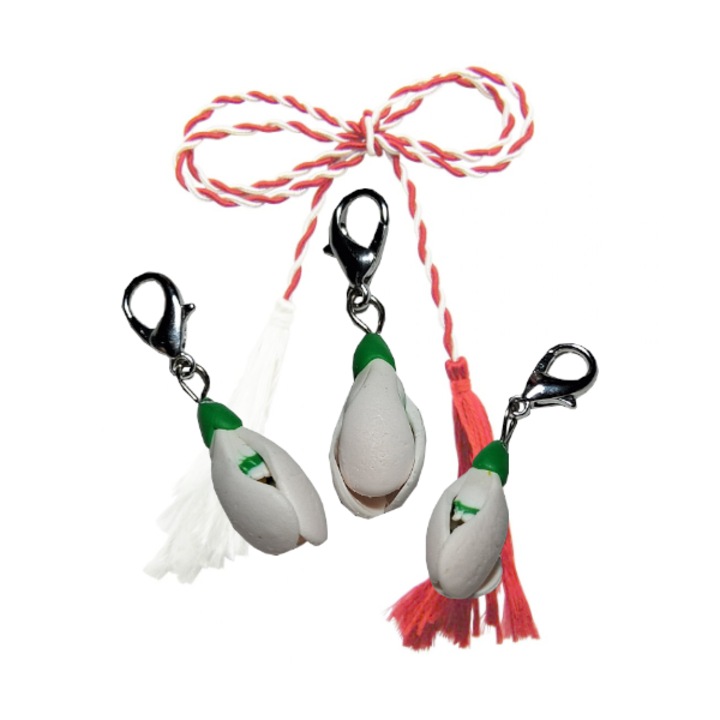 Pachet martisoare handmade tip breloc pentru fermoar - Ghiocel, 3 buc, Multicolor, 40 x 10 mm