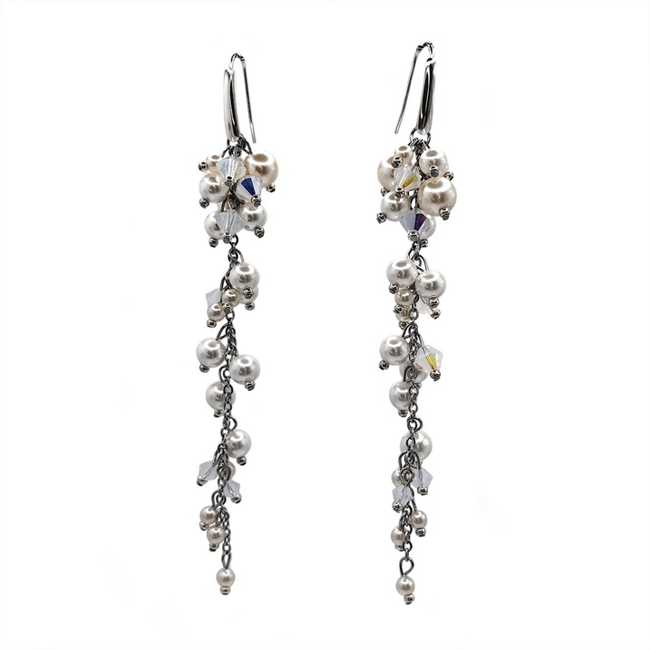 Cercei ciorchine foarte lungi, Corizmi, Glamour, perle si cristale, otel inoxidabil, alb