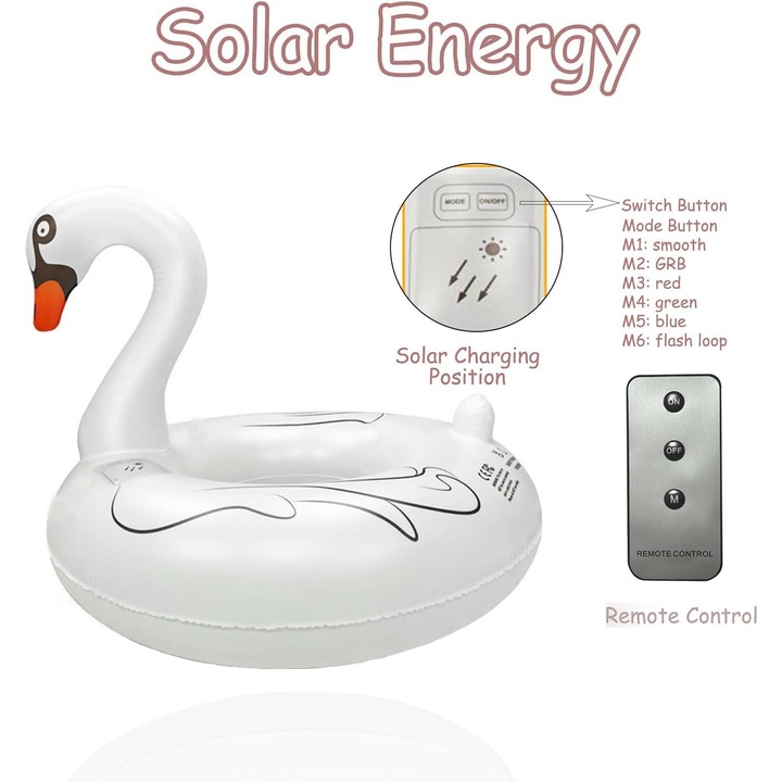 Colac de inot lebada Juksun, LED solar, alb, 106x43x92cm