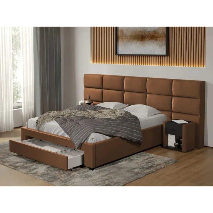 Pat tapitat Cico cu Sertar, 287x114, din piele/stofa, C2, Maro/Nube 23