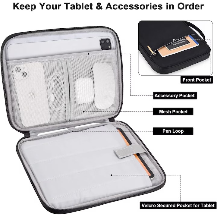 Husa de protectie geanta de transport, Anti-coliziune-zgaria, pentru tableta 10.2″, compatibila iPad 10.2″, Mate Pad 10.4/11″, Mate Pad Pro 10.8″, Surface go/2/3 10.5, 30 x 23x 3 cm, Negru
