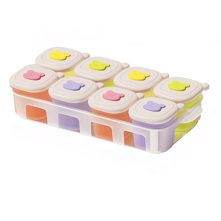 Recipient silicon pentru bebelusi, tava congelare hrana copii, cutie portionare alimente, 8 compartimente cu tava, material sigur alimentar, depozitare si congelare mancare bebelusi, recipient reutilizabil pentru diversificare