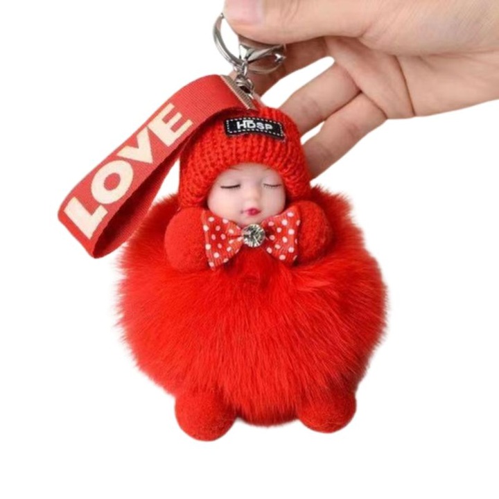 Фигурина ключодържател, пухкав спящ ангел, надпис LOVE, панделка и блестящ камък, многоцветен 3.5x4.3, произволни цветове