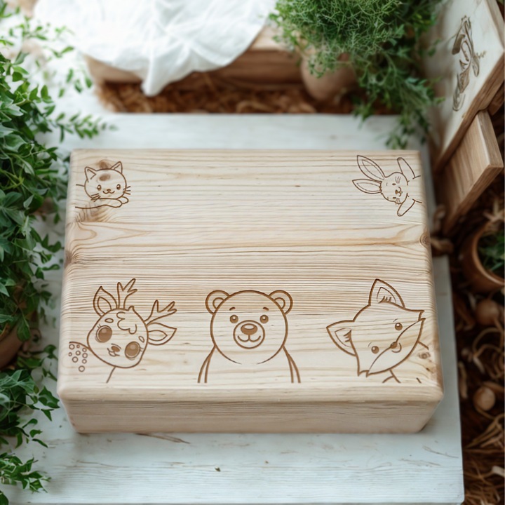 Cutie cadou din lemn cu capac, Animale Peekaboo, 30 x 20 x 14 cm – cadou botez, bebe, nou-nascut, aniversare 1 an, bebelusi, maternitate, copil, parinti, bunici, suveniruri, cutie lemn decor camera copii, eco, FSC