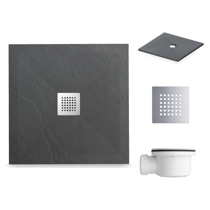 Set cadita dus patrata, Belneo, Stone-Tray, 90x90x2.5 cm, Gri inchis, Sifon 68 mm, Masca inox, Antiderapanta, Antibacteriana, Montaj fara prag, Structura piatra