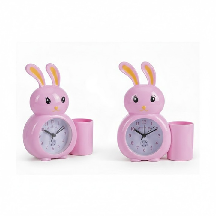 Ceas deșteptător pentru copii cu iepuraș și suport pentru pixuri, roz, Torch